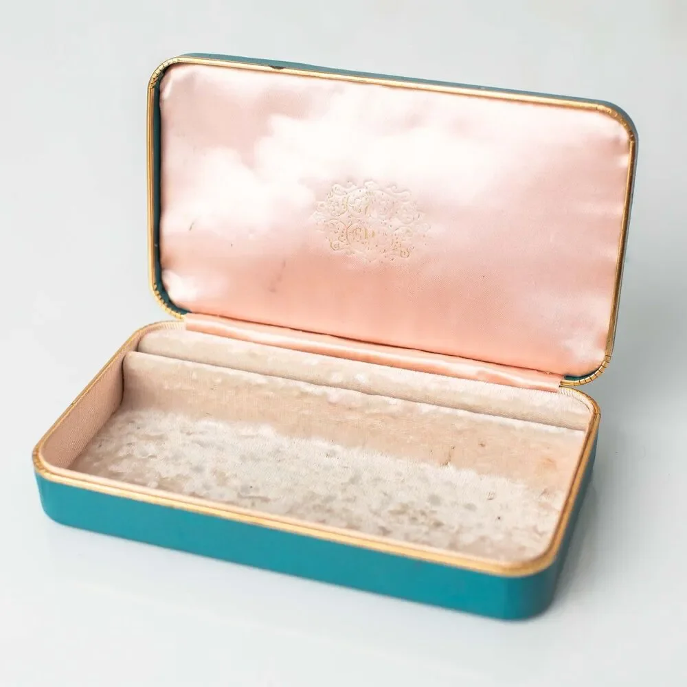 Vintage Farrington Jewelry Box Turquoise Blue Gold Trim Pink Satin Velvet Case